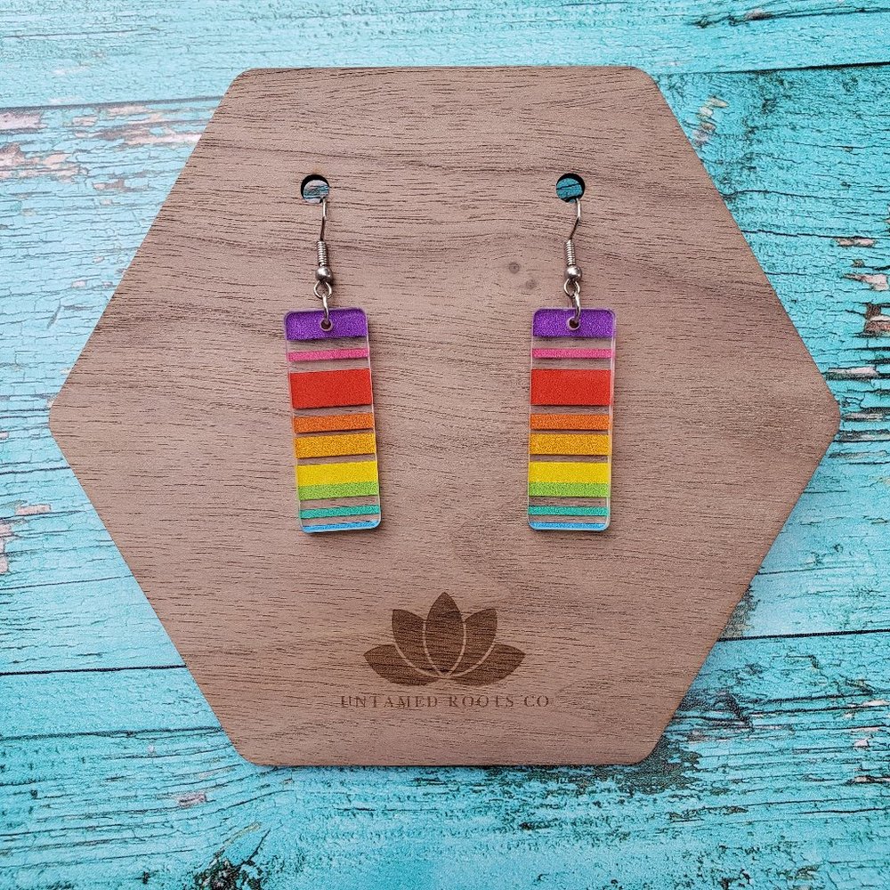 Rainbow Stripe Large Rectangle Drop Earrings, Acrylic, Nickel Free Stainless